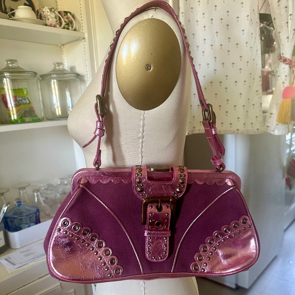 Isabella Fiore Pink Metallic and Canvas Handbag